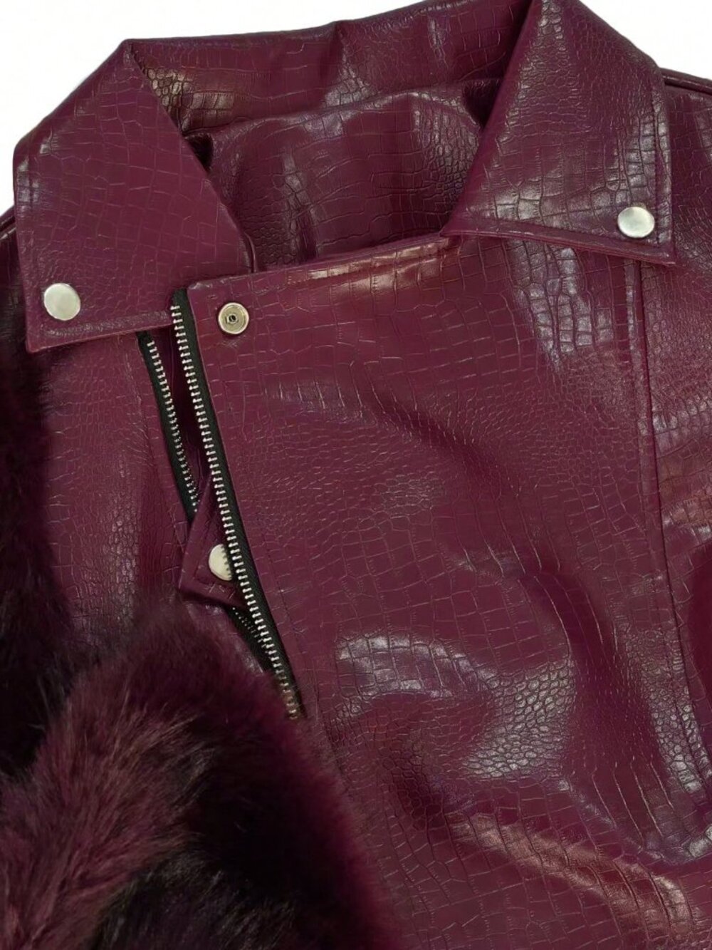 Burgundy Casual Women's Faux Fur Crocodile Jacket with Collar - Picture 6 of 6